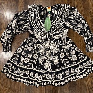 FARM Rio Graphic Floral Black Mini Dress With Ruffle Collar XS